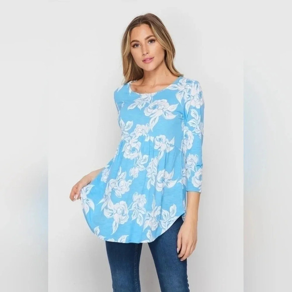 Woman's Bright Blue Floral Babydoll Top - Picture 1 of 5